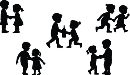 Obraz premium Silhouette of children sharing, playing together, running, friendship, helping hand, childhood bonding, teamwork, innocent fun, learning, social development, caring gestureflat vector illustration