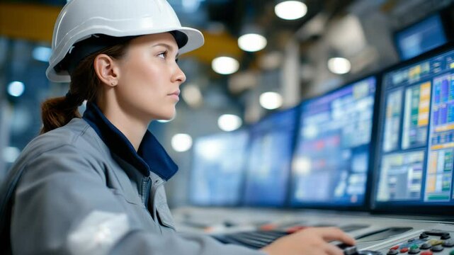 Female Engineer Operating SCADA System in High-Tech Control Room