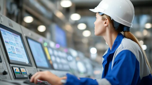 Female Engineer Operating SCADA Control Panel in High-Tech Setting
