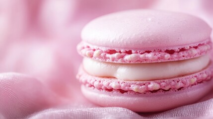 Close-up of a delicate pink macaron with white cream filling on a soft pink surface.