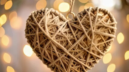 Wicker heart ornament hangs against bokeh background for Valentine's Day holiday craft decoration display. - Powered by Adobe