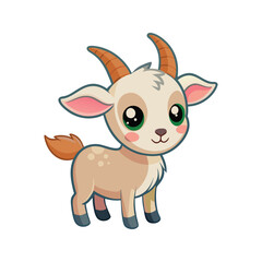 Adorable cartoon goat with big green eyes standing on a white background isolated