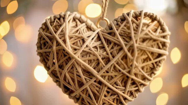 Wicker heart ornament hangs against bokeh background for Valentine's Day holiday craft decoration display.