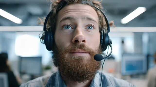 Focused young caucasian male customer service agent engaged in assistive communication at modern office