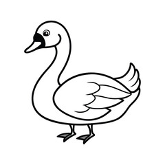 Black and white illustration of a cute cartoon swan ready for coloring or design projects
