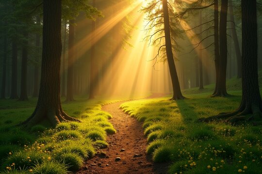Magical sunbeams dance through ancient trees illuminating a mystical forest path pure serenity