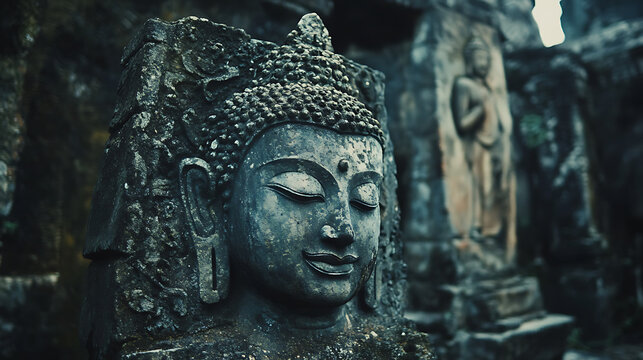 Focus on the serene expression of a stone-carved Thai Buddha head 