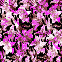 Pink brown seamless pattern with silhouettes Lily flowers drawn by hand. Home textile, wallpaper, fabric, bedding, package, posters.