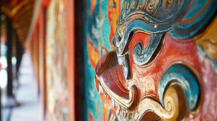 Fototapeta premium Colorful close-up of mural in temple corridor under bright directional lighting 