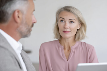 Fototapeta premium Professional woman with blonde hair in a pink blouse is engaged in conversation with a man, showcasing a collaborative business meeting atmosphere with modern decor and technology