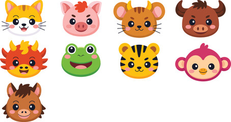 Adorable Vector Illustration of Cartoon Animal Faces Featuring Cats, Pigs, Frogs, and More, Perfect for Kids' Design Projects