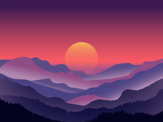 Sunset over layered mountain landscape with purple and pink hues creating calm mood