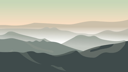 Misty mountain landscape with soft pastel colors and layered hills creating calm mood