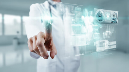 Médico interactuando con tecnología médica futurista en un entorno sanitario moderno