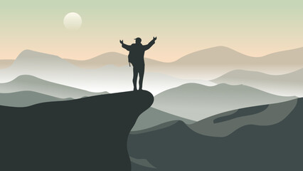 Silhouette of Hiker standing on mountain cliff with arms raised at sunrise, feeling victorious