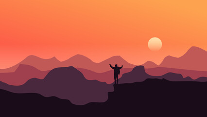 Silhouette of Hiker standing mountain cliff with arms raised sunset, peaceful and inspiring