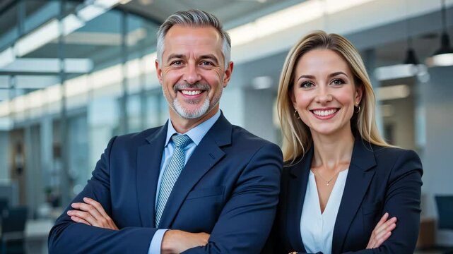 Two smiling business people in formal suit posing in modern office with bright daylight. Concept of professional corporate identity