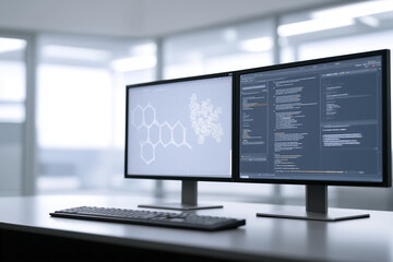 Naklejka premium Dual computer monitors displaying programming code and molecular structure on a sleek desk in a modern office environment, showcasing technology and innovation in digital workspace