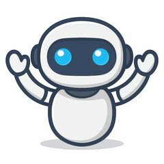 Fototapeta premium Cute Chatbot Robot Mascot with Blue Eyes and Raised Arms for AI Support Icon or Live Chat UI Vector Illustration