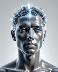 A Transparent Glass Human Head with light Beams Emerging from Within, against a Clean White Background. Concept of Insight, Understanding, enlightenment