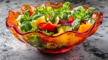 A vibrant salad bursting with fresh vegetables. The colorful mix includes leafy greens and ripe peppers. Perfect for health enthusiasts and food lovers. Generative AI