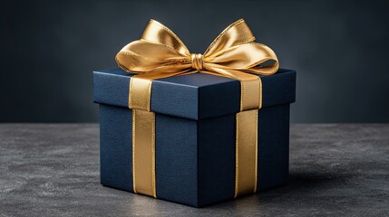Elegant dark blue gift box with shiny gold ribbon and bow placed on dark textured surface for holiday