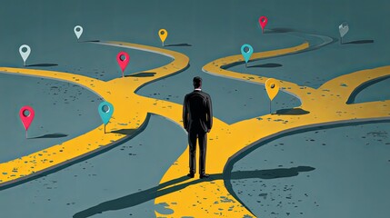 Businessman Standing at Crossroads with Map - Decision Making Concept
