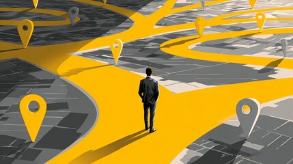 Businessman Standing at Crossroads with Multiple Paths Map