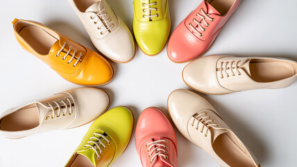 A colorful collection of women's oxford shoes arranged on a white background with soft shadows and a clean minimalist style