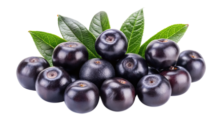 Pile of fresh acai berries with green leaves isolated Transparent PNG