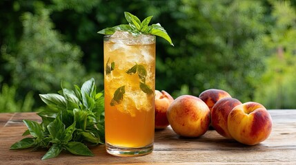 Iced peach tea with mint leaves served in tall glass on wooden table with fresh peaches in background