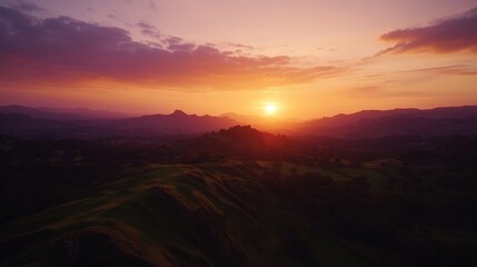 Stunning sunset view over rolling hills. A breathtaking landscape capturing the beauty of nature at dusk. Experience tranquility and wonder. Generative AI