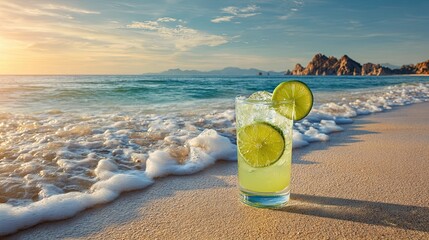 Cold lime cocktail on sandy beach with ocean waves and golden sunset in tropical summer paradise