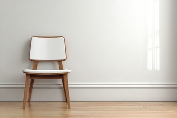 Modern chair against a blank wall, emphasizing minimalist design and a warm wooden floor.