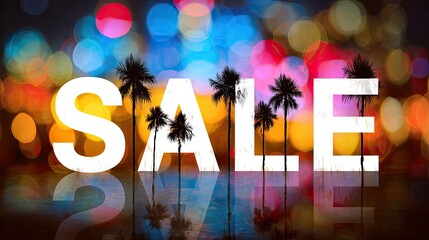 SALE text with tropical palm silhouettes and vibrant bokeh lights for summer discount or promo design
