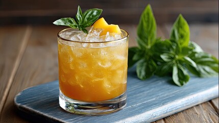 Refreshing mango cocktail with crushed ice and basil garnish served on wooden tray in summer setting