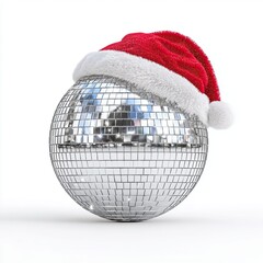 Shiny disco mirror ball wearing Santa hat isolated on white background for Christmas party concept