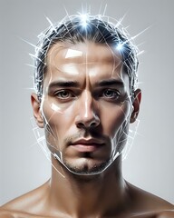 A Transparent Glass Human Head with light Beams Emerging from Within, against a Clean White Background. Concept of Insight, Understanding, enlightenment