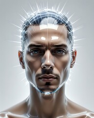 A Transparent Glass Human Head with light Beams Emerging from Within, against a Clean White Background. Concept of Insight, Understanding, enlightenment