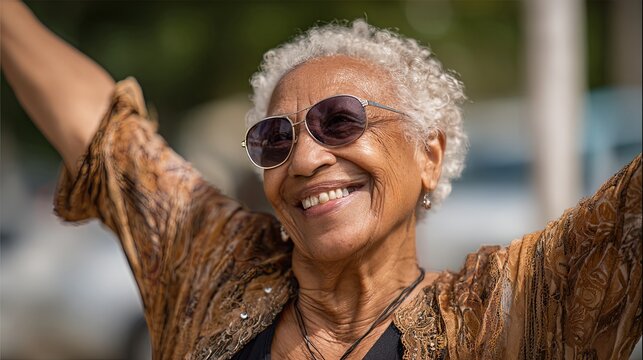 Elderly LGBTQ woman with white hair embracing pride and happiness