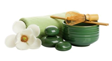 Serene spa wellness composition featuring magnolia flowers, jade stones, green towel, and matcha tea ceremony tools for relaxation, beauty, luxury, or Mother's Day promotions,