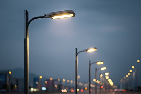 Several illuminated street lamps line a city road at twilight - Powered by Adobe