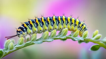 A vibrant caterpillar moves gracefully along a green stem. Nature displays its stunning colors. Observe the beauty and detail in every segment of this insect. Generative AI