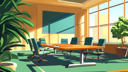 Fototapeta premium Bright conference room with plants, large windows, and a long table.