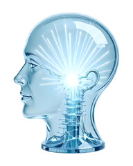A Transparent Glass Human Head with light Beams Emerging from Within, against a Clean White Background. Concept of Insight, Understanding, enlightenment