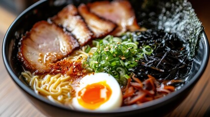 Bowl of ramen noodles with pork, egg, seaweed, and scallions.