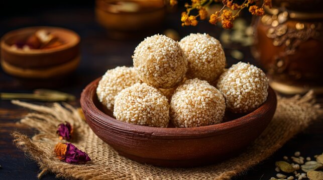 Delicious Rice Balls with Floral Background - Asian Cuisine Concept