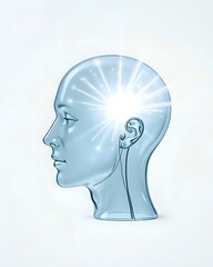 A Transparent Glass Human Head with light Beams Emerging from Within, against a Clean White Background. Concept of Insight, Understanding, enlightenment