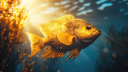 Fototapeta premium Golden fish swims in sunlit underwater kelp forest