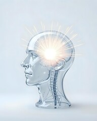 A Transparent Glass Human Head with light Beams Emerging from Within, against a Clean White Background. Concept of Insight, Understanding, enlightenment